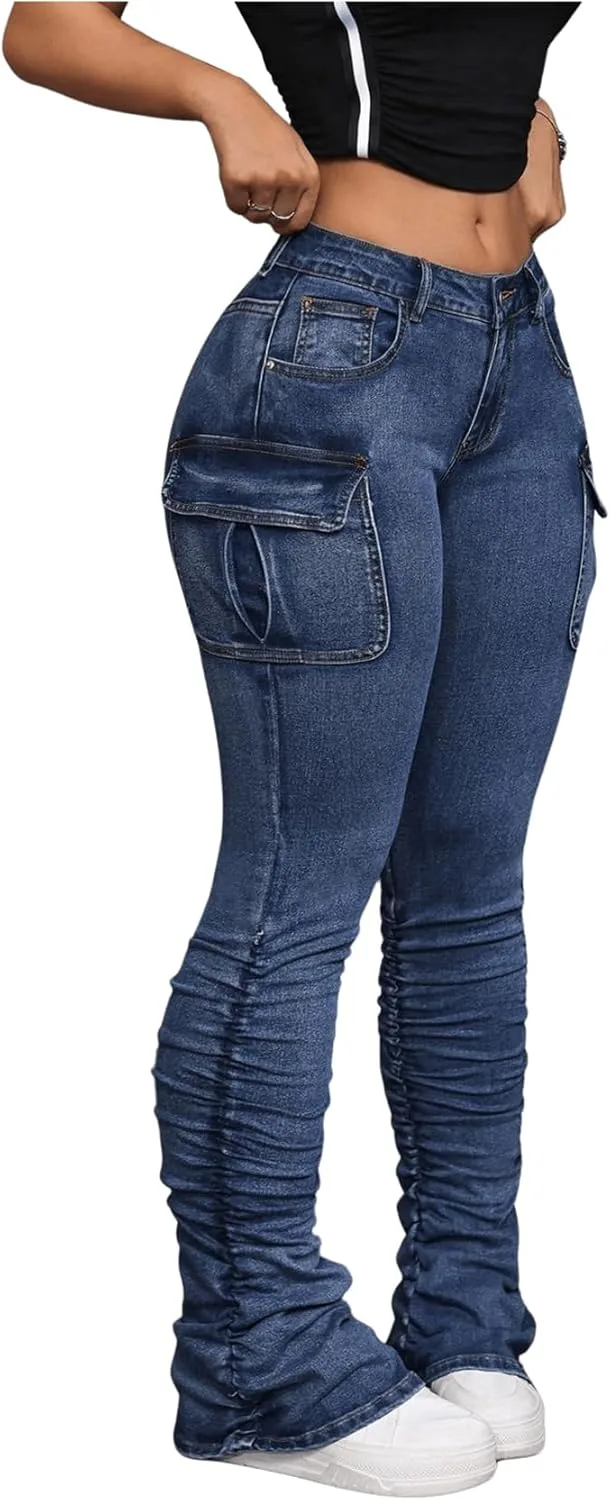 

MakeMeChic женские карго джинсы скинни stretchy деним high waisted bootcut с карманами