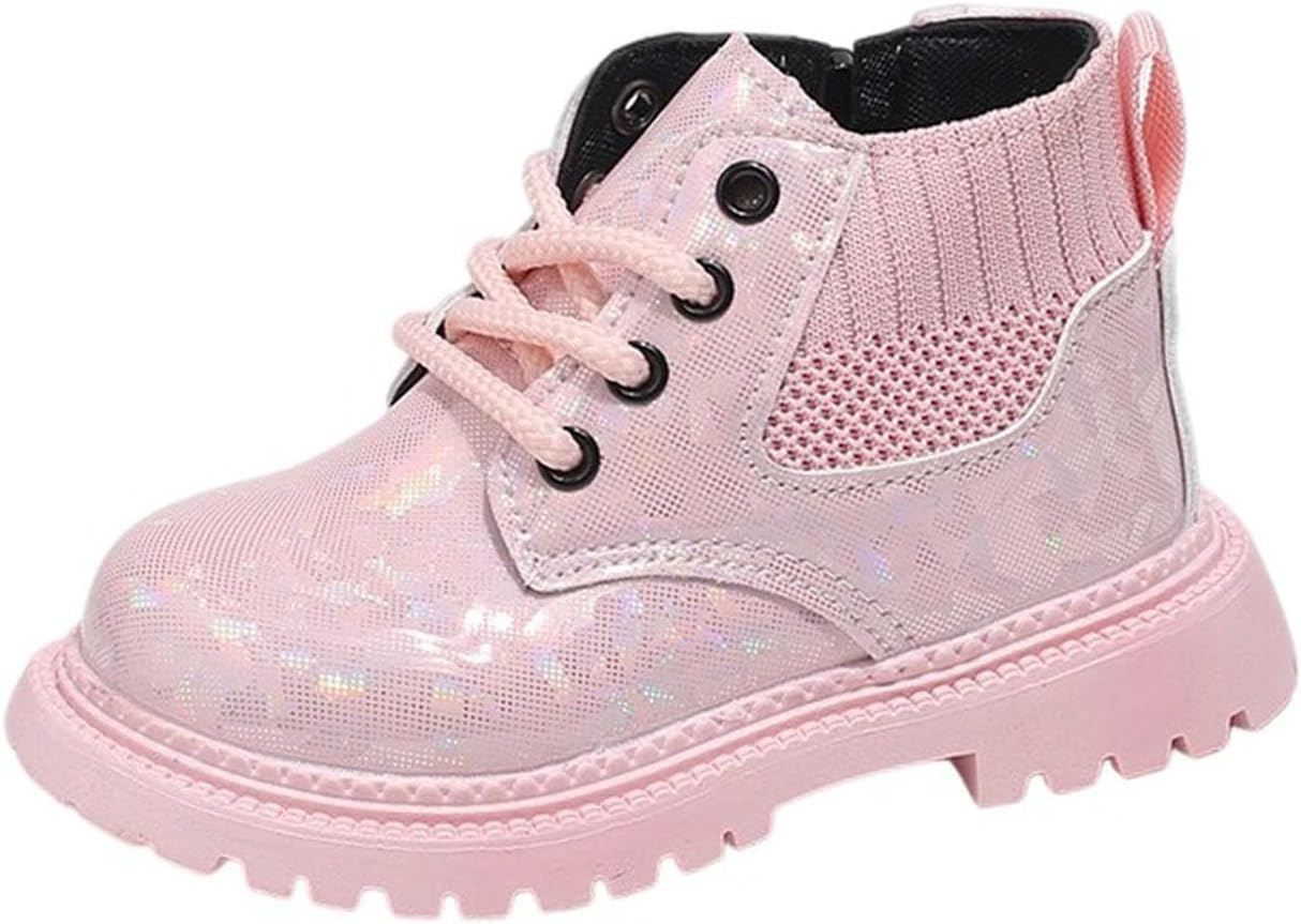 

Девочкам ботинки на молнии с кружевом, водонепроницаемые, блестящие, милые, принцесса, с эластичной резинкой, низкий каблук, детские ботиночки, модная обувь 2025 Sruiluo, Pink