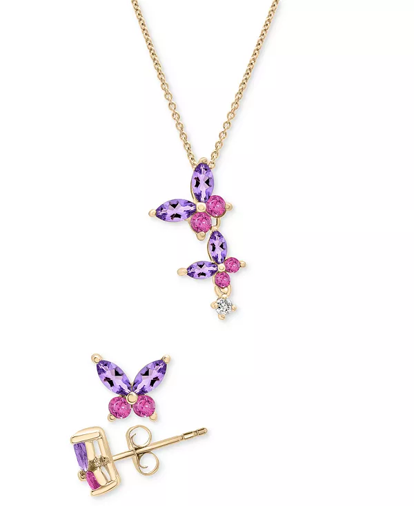 

Серьги-Бабочки и ожерелье с подвеской из 14-каратного позолоченного серебра с двумя розовыми сапфирами (1/2 карата), аметистами (7/8 карата) и белыми сапфирами (1/20 карата) Macy'S, amethyst