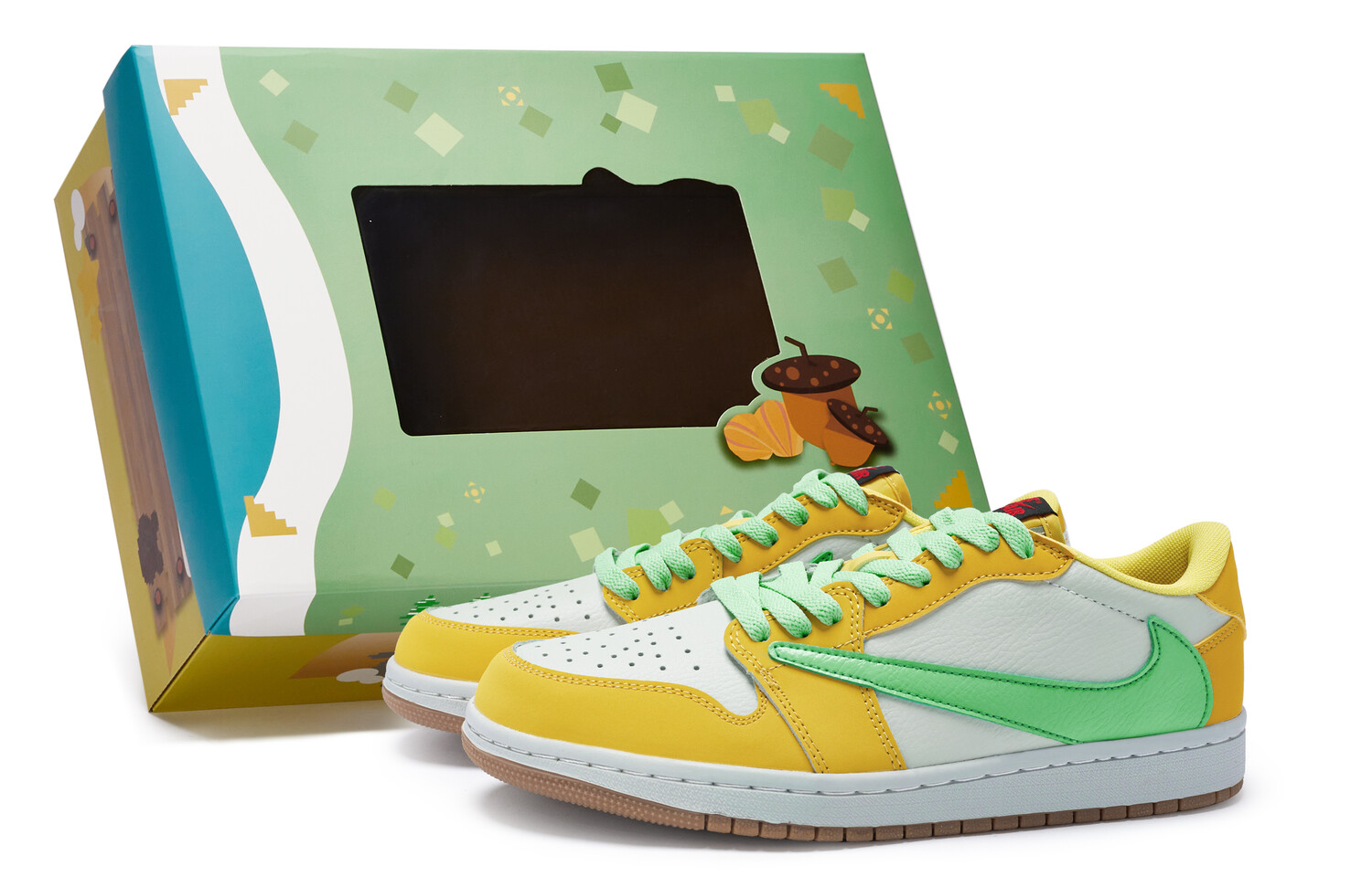 

Кроссовки Travis Scott Air Jordan 1 Vintage Basketball Shoes Women's Low-top White, Yellow, Blue, белый/желтый/синий
