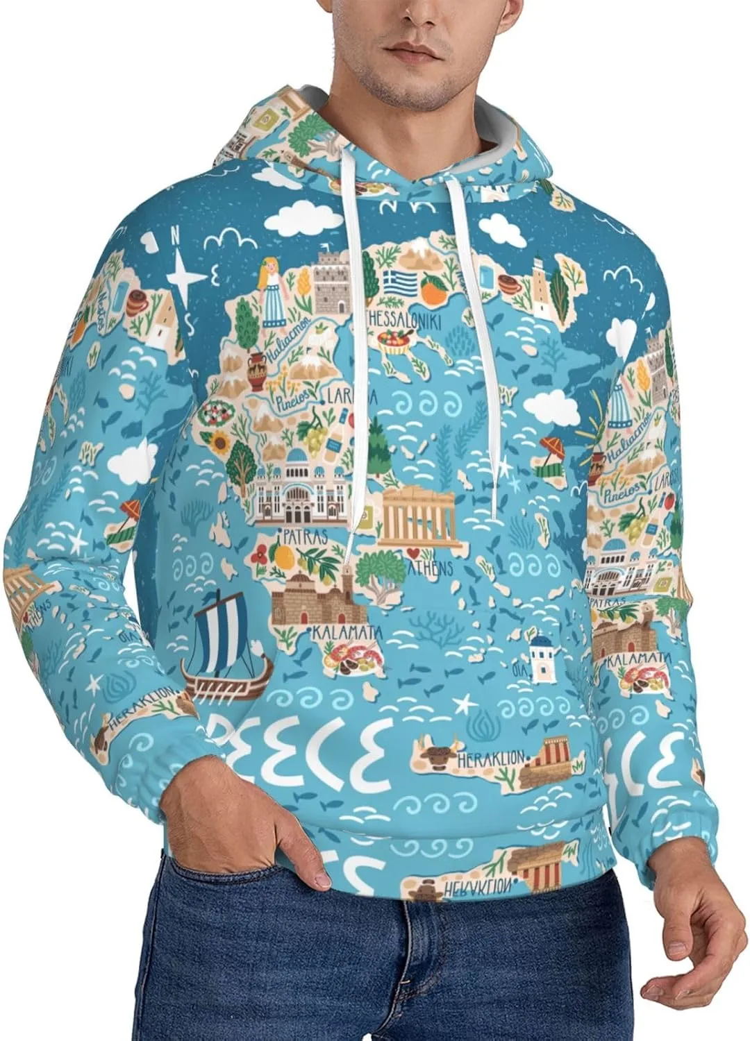 

Мужская флисовая толстовка с капюшоном, черная, с карманом и принтом карты Греции SamLng