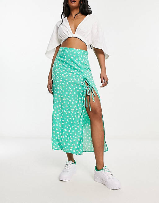 

Зеленая юбка миди с разрезом на бедре и бантом ASOS DESIGN
