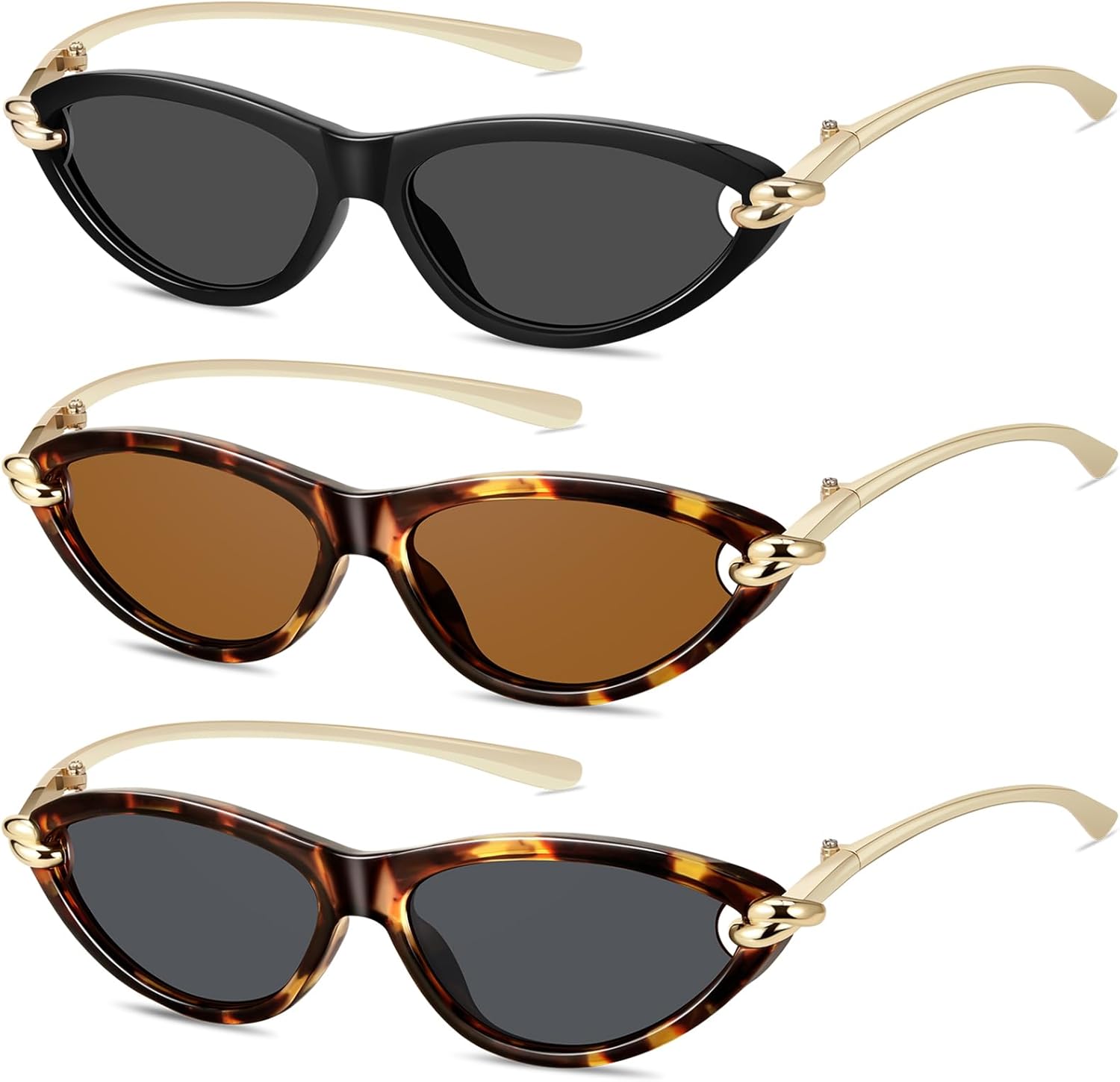 

Ретро-солнцезащитные очки «кошачий глаз» овальной формы для женщин, в стиле Y2k, модные узкие линзы, металлические дужки, защита от УФ-излучения YMRFW, 3pack (Black/Gray+tortoise/Tea+tortoise/Gry)