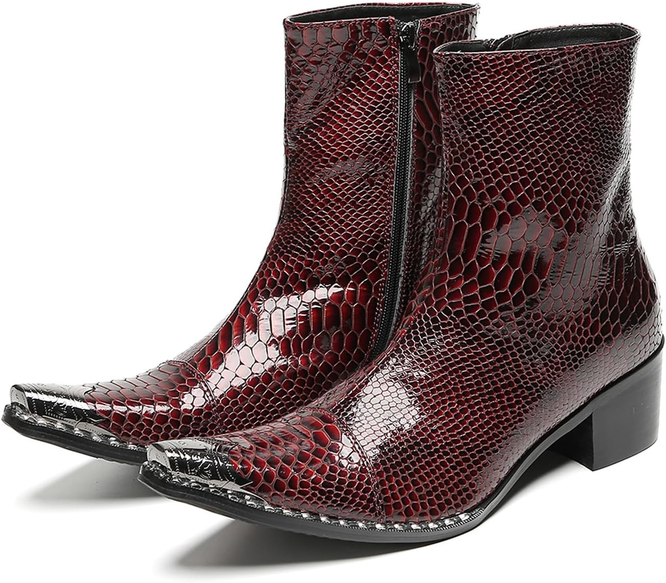 

Мужские сандимоновые вестерн-бботинки Santimon из кожи змеиных узоров с боковой молнией, металлическим заостренным носком- модные повседневные ковбойские ботинки для вечеринки, сцены и свадебной диско, красный