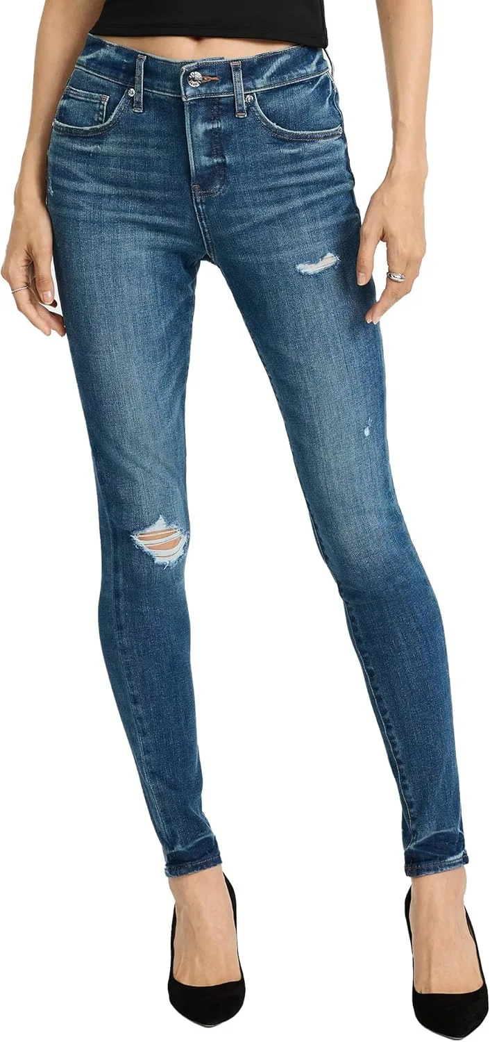 

Женские рваные джинсы-скинни EXPRESS с заниженной посадкой, эффектом потертостей и облегающим силуэтом — темный деним