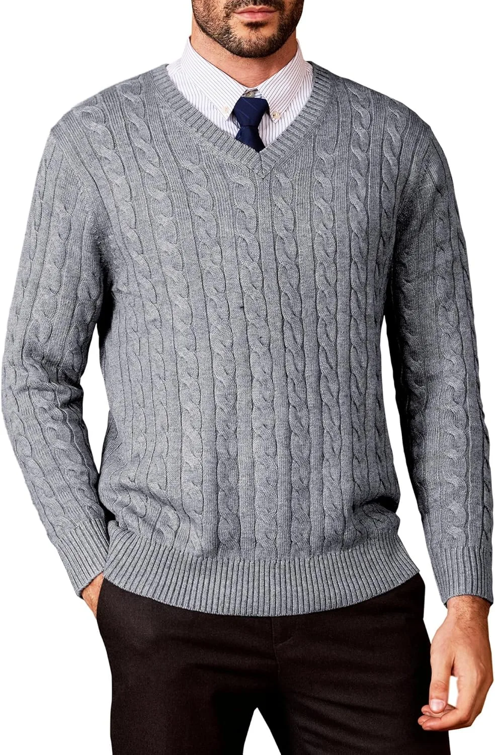 

Мужской свитер Kallspin V-образным вырезом из шерстяной смеси с косой вязкой