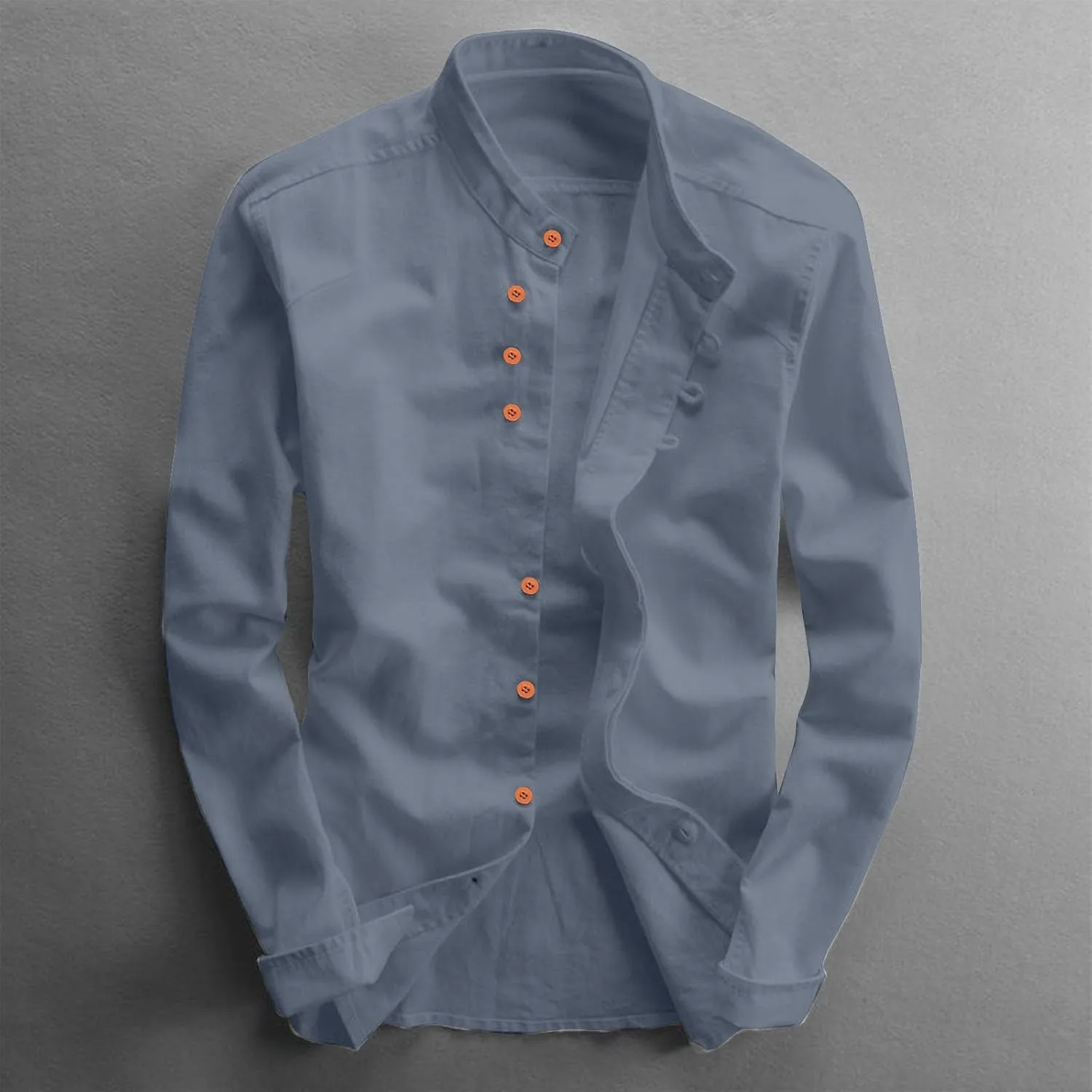 Мужская хлопковая льняная рубашка slim fit с отложным воротником на пуговицах, длинный рукав, однотонная, повседневная винтажная куртка Generic, серый — фото 3