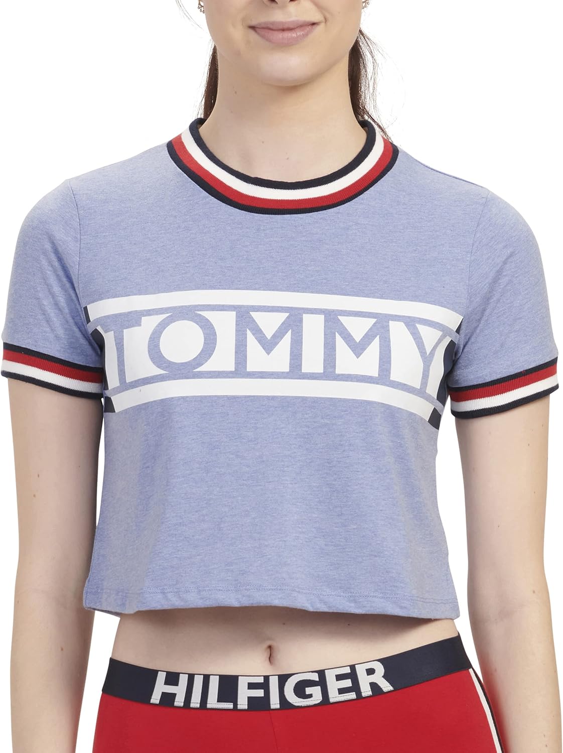 

Женская укороченная футболка с коротким рукавом Tommy Hilfiger, пижамный топ, Chambray