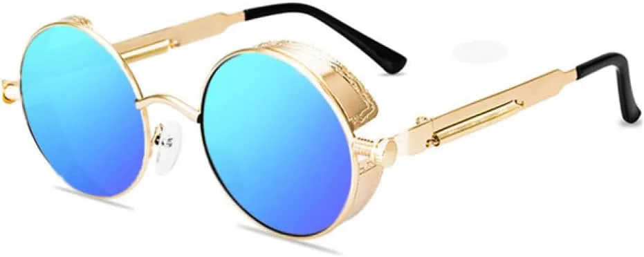 

Солнцезащитные очки MUTYNE Classic Spring Punk в стиле ретро с металлическим корпусом, круглые, стимпанк, защита от ультрафиолета UV400, Golden Blue Mirror