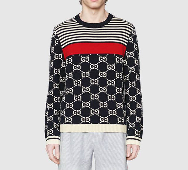 Свитер Gucci men's gg logo striped knit sweater, темно-синий — фото 2