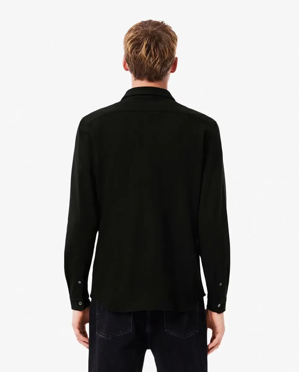 Lacoste Мужская рубашка с длинным рукавом из хлопкового пике черного цвета приталенного кроя — фото 2