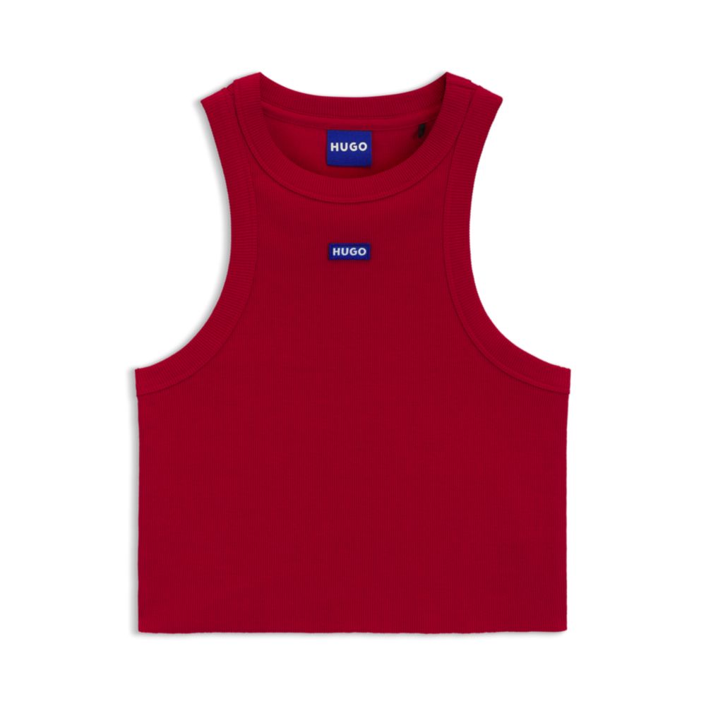 

Рибленый хлопковый топ с логотипом HUGO, темно-красный