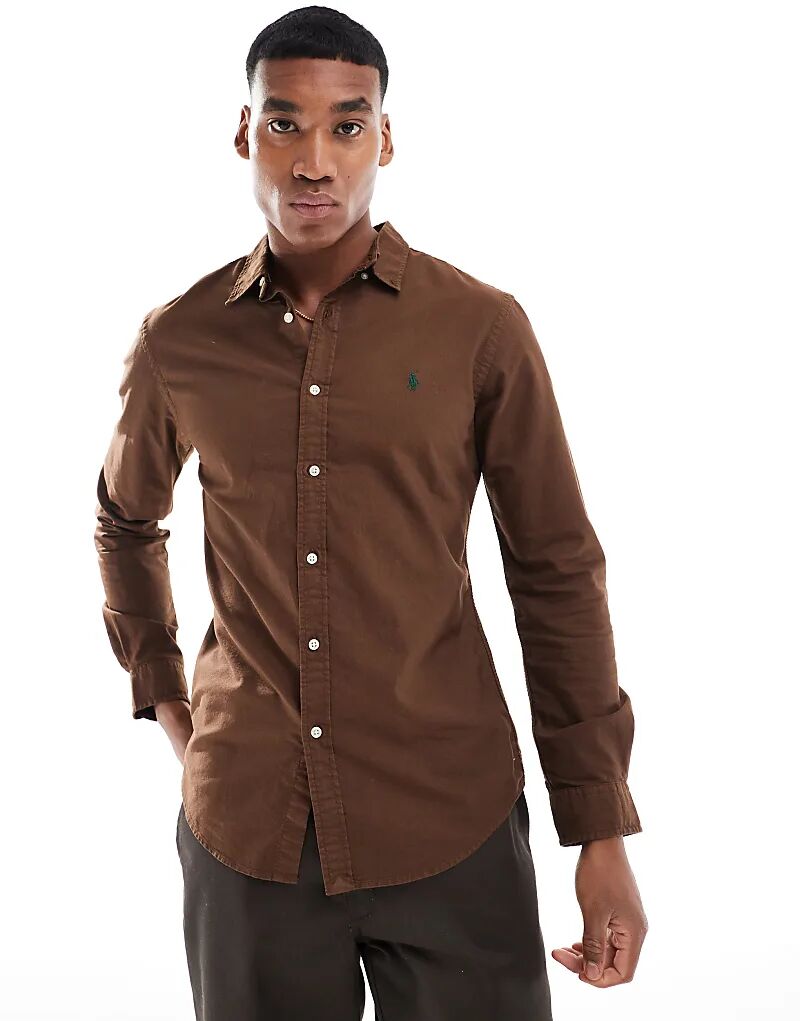 

Рубашка Polo Ralph Lauren Garment Dyed Oxford коричневого цвета с зауженным кроем и логотипом бренда