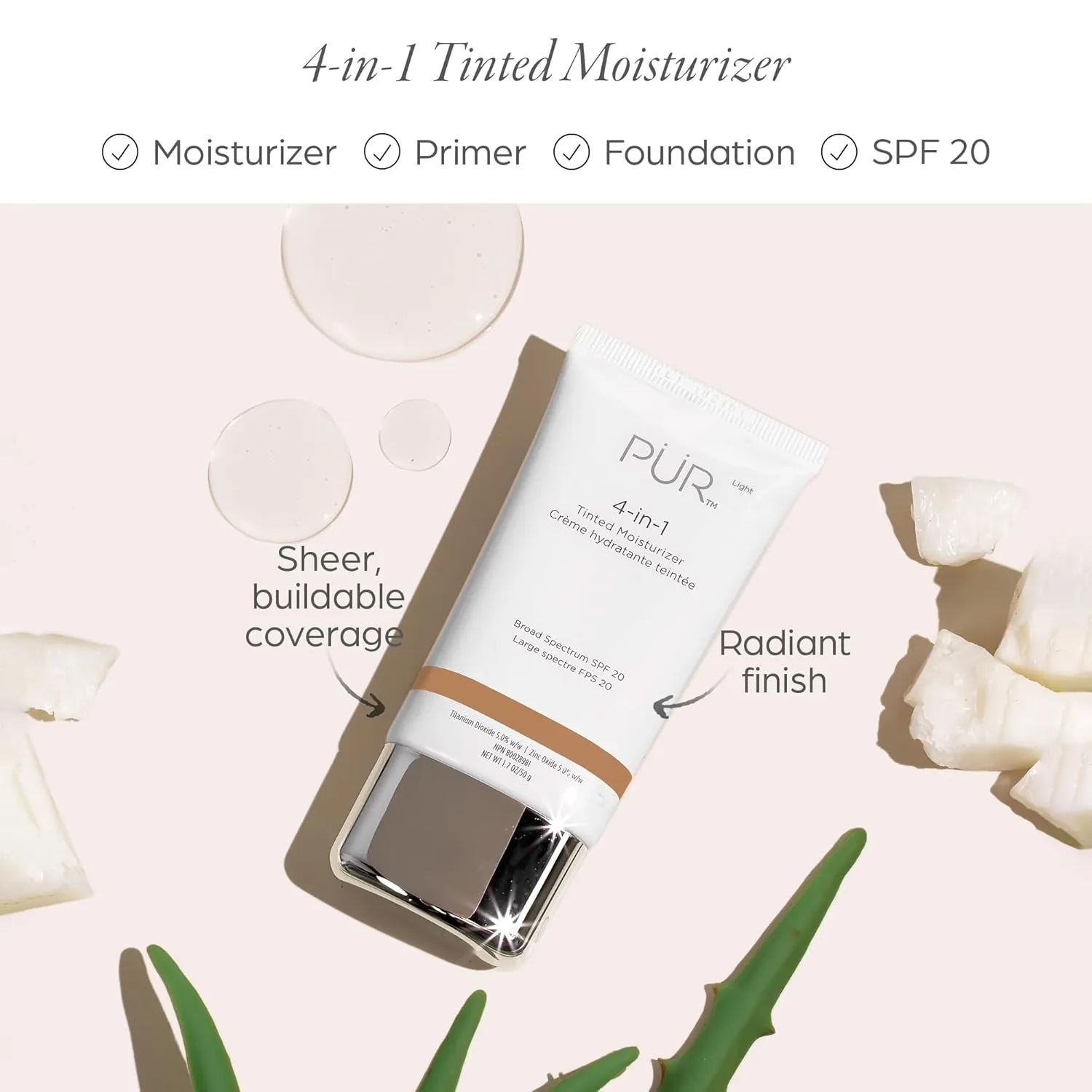 PÜR MINERALS 4-in-1 тонированный увлажняющий крем с SPF 20 - увлажняющий крем, праймер и тональная основа с маслом ши, алоэ вера и витамином B3, веганский, без парабенов, глютена и BPA Purcosmetics, Medium — фото 2