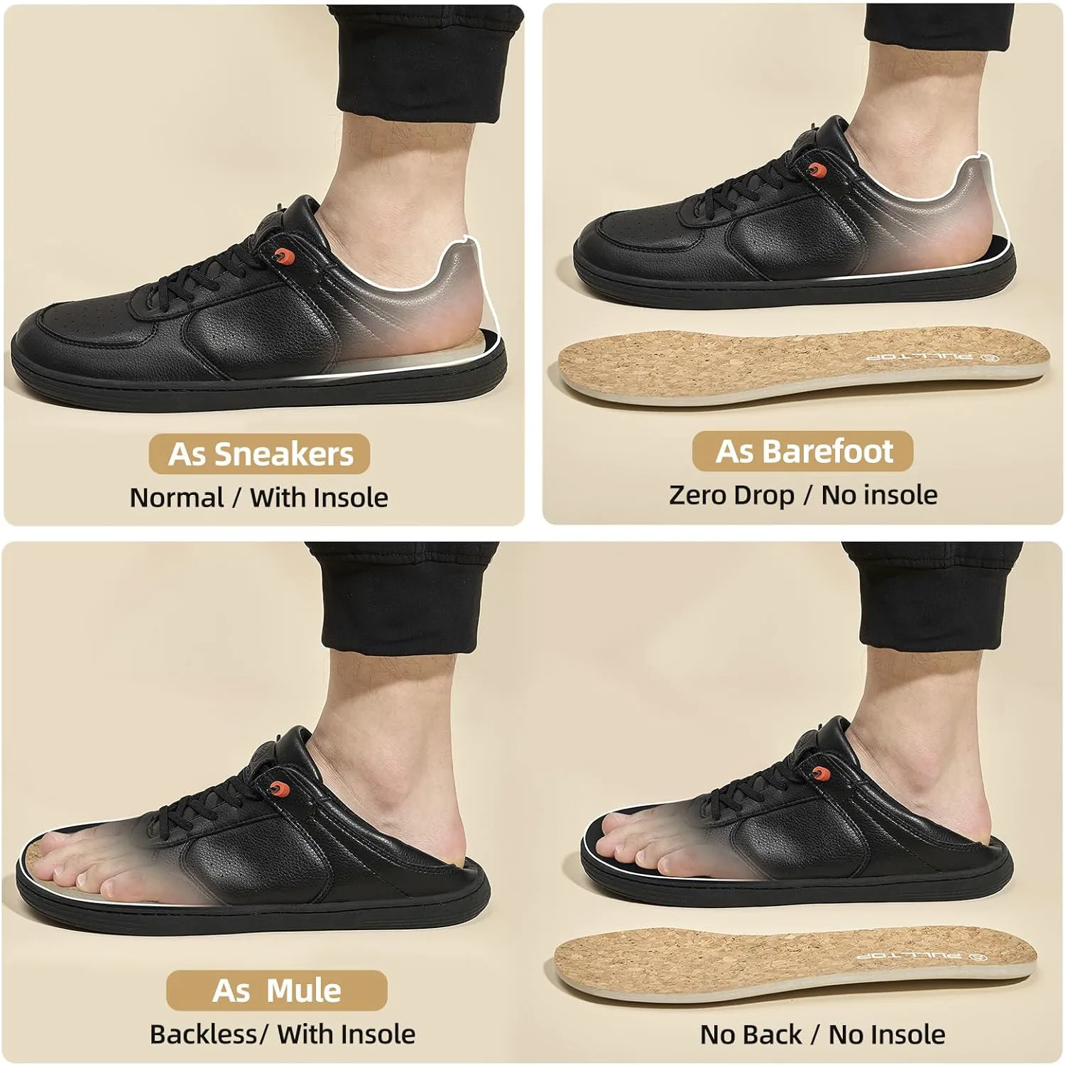 Мужские туфли Pulltop Barefoot с широкой носовой частью - минималистичные туфли-босоножки, кроссовки без каблука, слайпы для ходьбы, противоскользящие, черный — фото 2