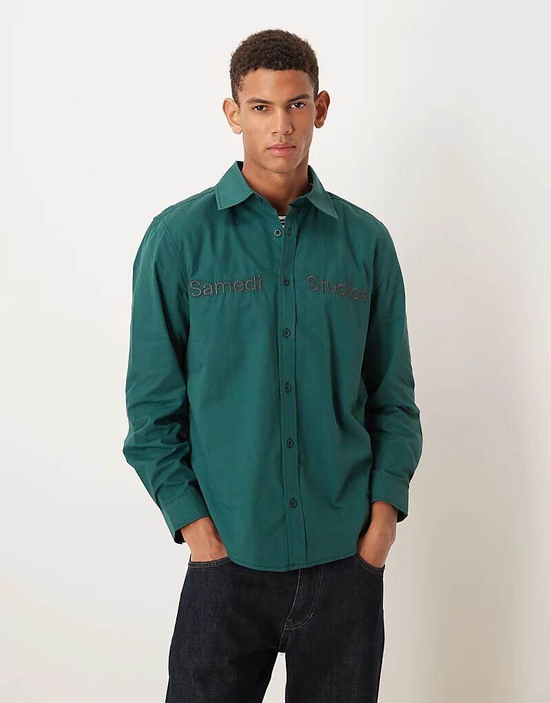 

Рубашка из поплина ASOS DESIGN с вышивкой темно-зеленого цвета