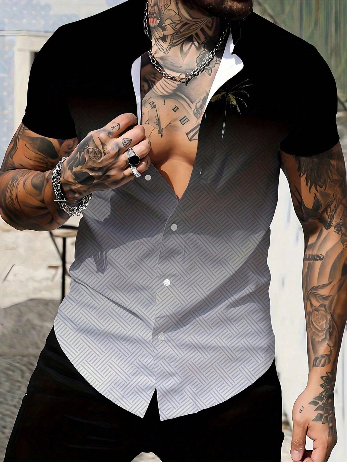 

Рубашка мужская с коротким рукавом и градиентным принтом, черно-серый / белый