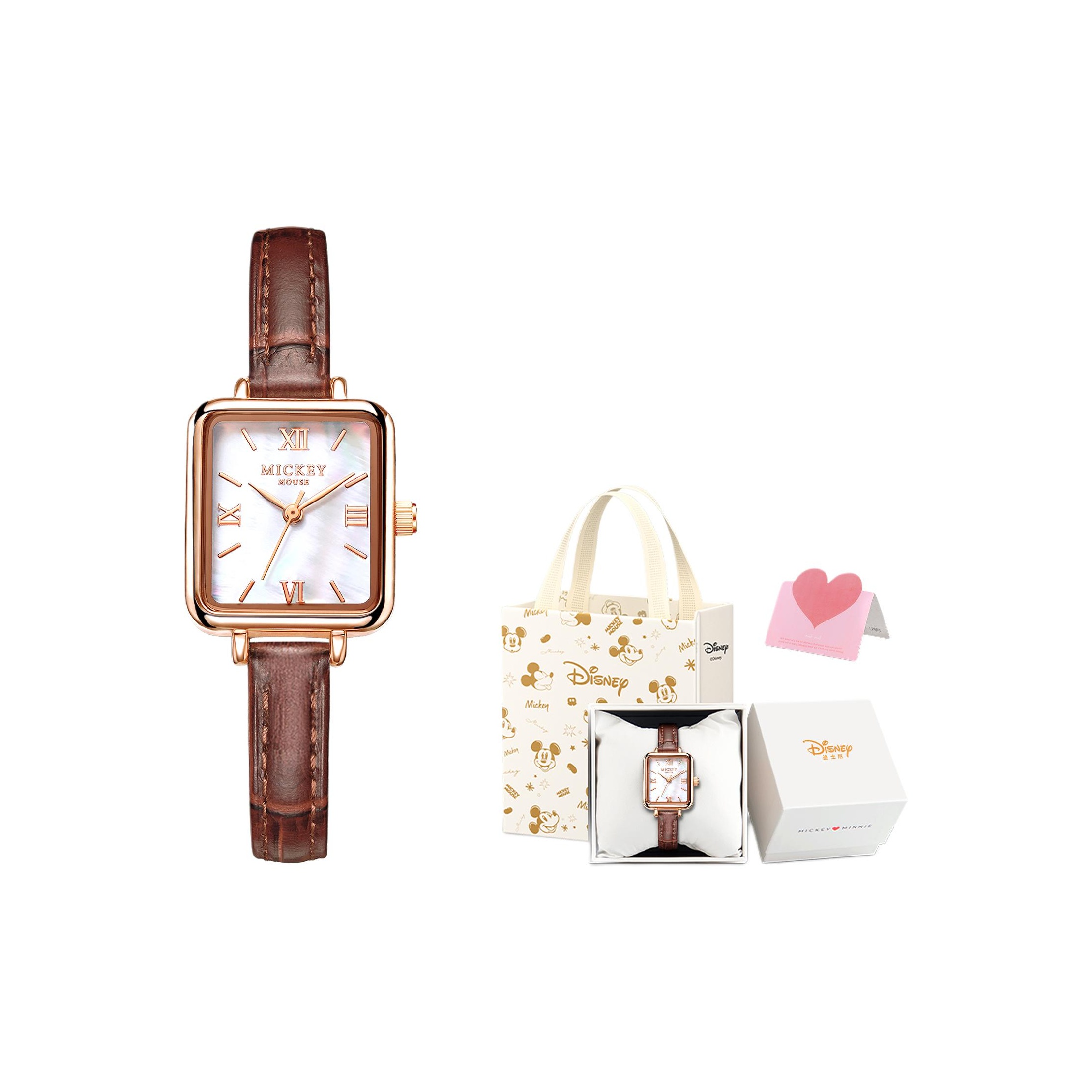

Часы Mickey Quartz Movement с кожаным ремешком женские часы с кофейным циферблатом Disney, vintage small square watch[brand collaboration box]
