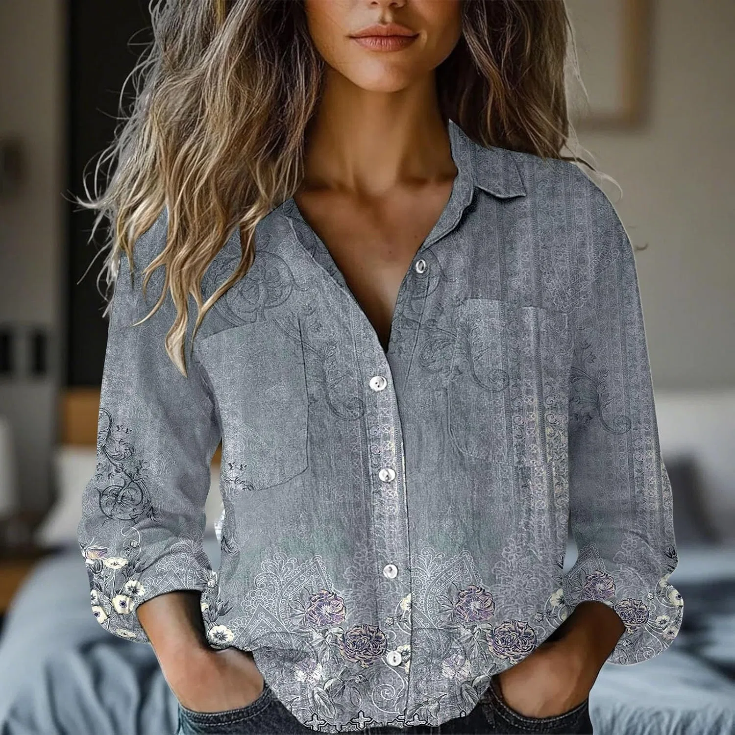 Блуза с принтом, длинный рукав Button Down, серый — фото 4
