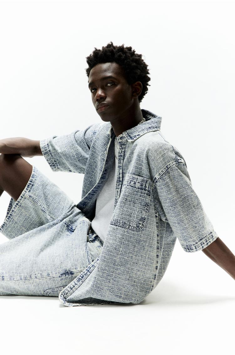 

Рубашка из жаккардового денима в клетку Pull And Bear, синий