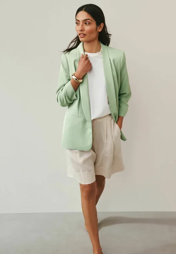 Пиджак-короткое пальто Tall fit relaxed ruched sleeve blazer Next, фисташковый — фото 2