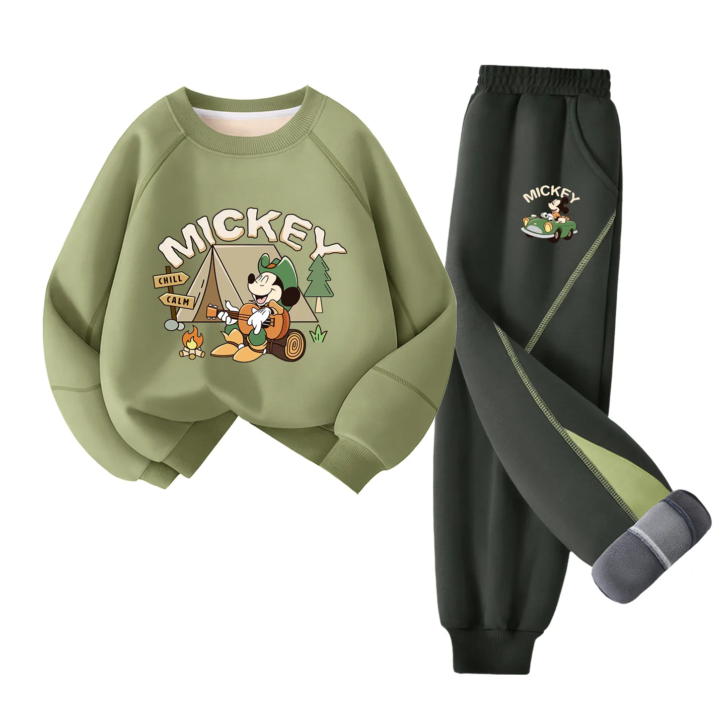 Детская повседневная спортивная футболка с круглым вырезом Disney, [Thickened and Fleece-Lined]Mugwort Green 3