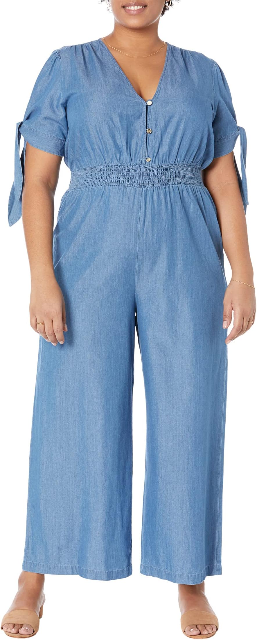 

Комбинезон MICHAEL Michael Kors Tencel V-Neck Tie Jumpsuit, цвет Light Cadet Wash