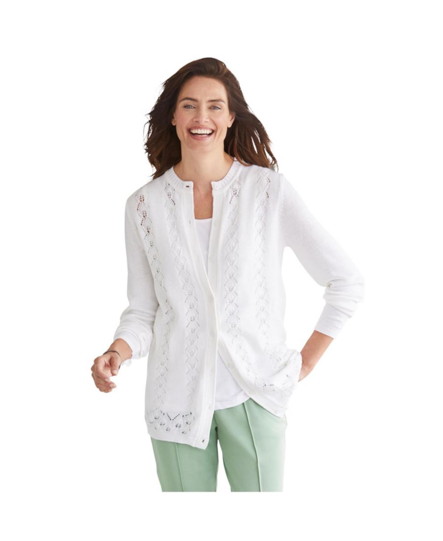 

Кардиган с длинными рукавами и ажурной отделкой больших размеров Woman Within, White