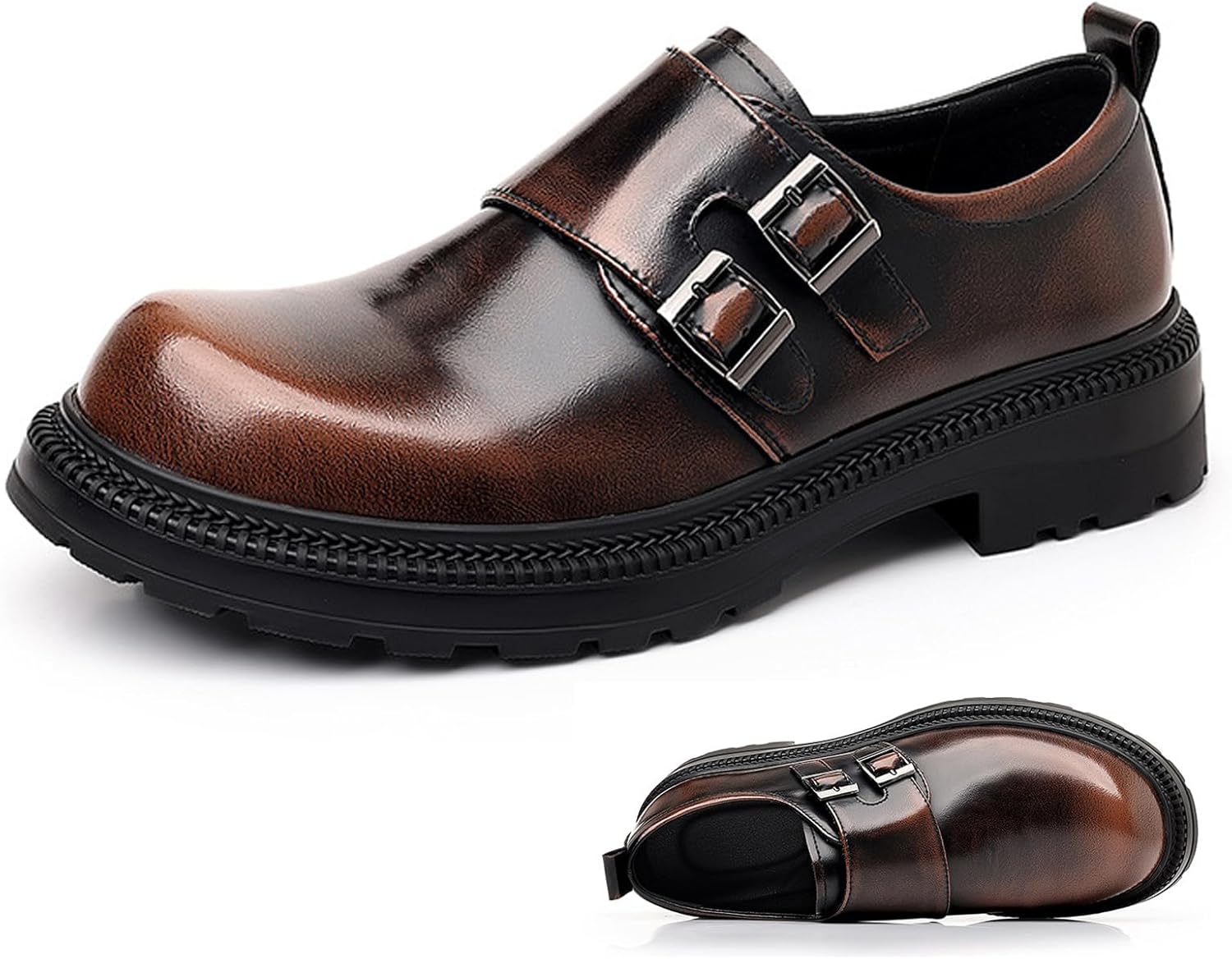 

Мужские лоферы с монковыми пряжками из лакированной кожи, ретро с круглым носком, с двойной пряжкой, на рифленой подошве, нескользящие, без шнурков, деловые туфли, подходят для работы, свадьбы и вечеринки Ghibhna, коричневый