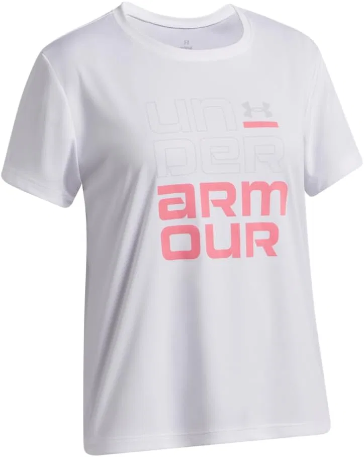 Футболка для девочек Under Armour Tech Split Wordmark Short Sleeve, белый/розовый — фото 2