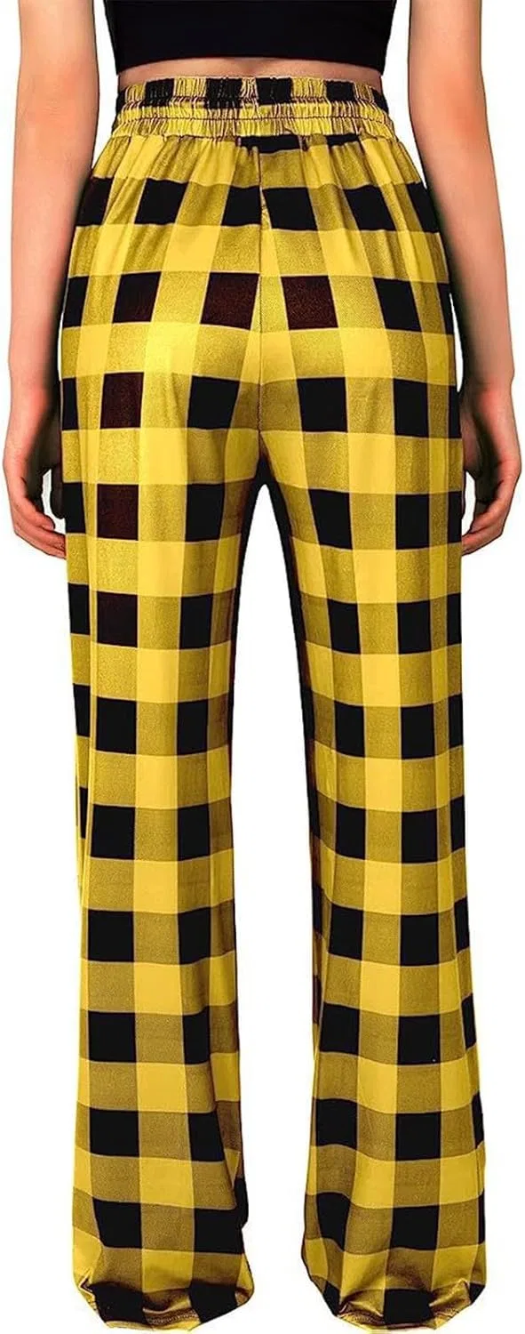 Пижамные брюки женские с принтом Buffalo Plaid, на резинке и шнурке, высокая талия, широкие штанины, свободные, желтые — фото 2