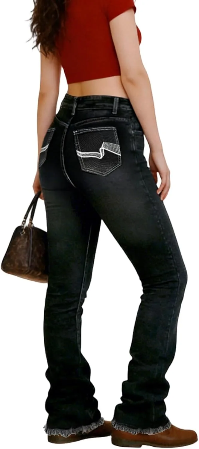 

Cuyulitcik Plus Size джинсы для женщин с высокой талией, широкие, черные, с вышивкой QERINTE