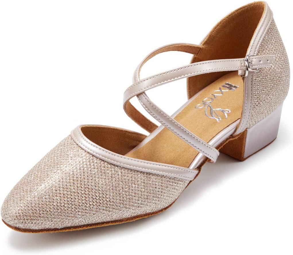 

Туфли для бальных танцев с закрытым носком, низкий каблук, блестящие, для женщин, сальса, латина, свадебные, вечерние, каблук 1 1/5 см, S11-1 Hxyoo, шампань