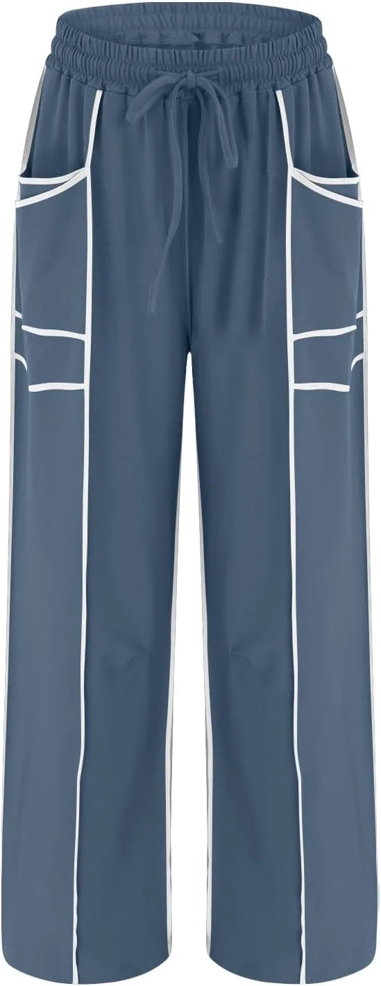 Брюки Brrel Sweatpants женские широкие палаццо с высокой талией, спортивные мешковатые повседневные осенние брюки с карманами Generic, темно-синий — фото 4
