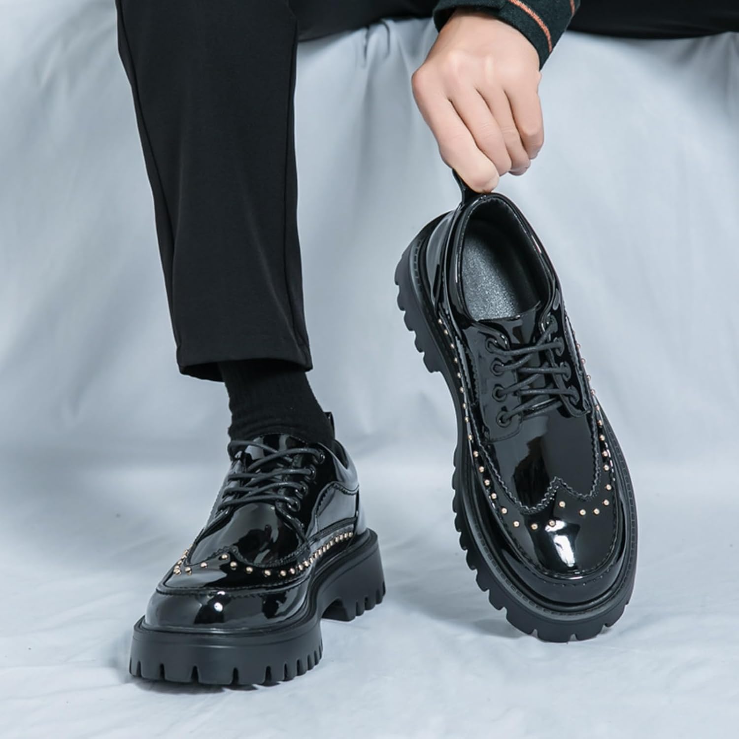 Мужские оксфорды Wingtip с высокой платформой из лакированной кожи с заклепками, грубой подошвой с протектором, нескользящие, деловые дерби-оксфорды для свиданий, вечеринок, выпускного, свадьбы, повседневной носки и работы в офисе Ferraogan, чер... — фото 4