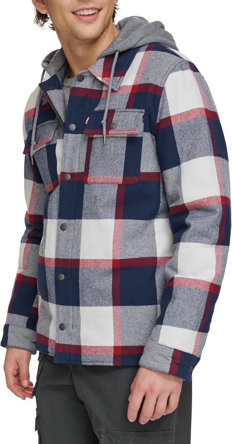 Мужская клетчатая куртка-рубашка Levi's с капюшоном и подкладкой из шерпы (стандартные размеры, большие и высокие), Navy/Red Skater Plaid — фото 2