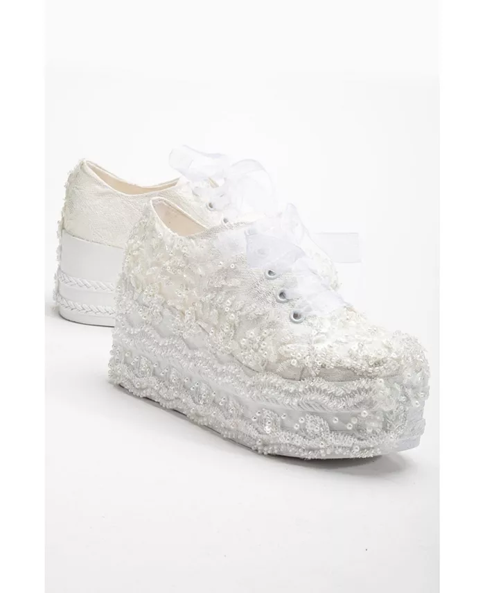 Белоснежные свадебные кеды Florette Lace на платформе с кружевными вставками Forever & Always Shoes, белый — фото 3