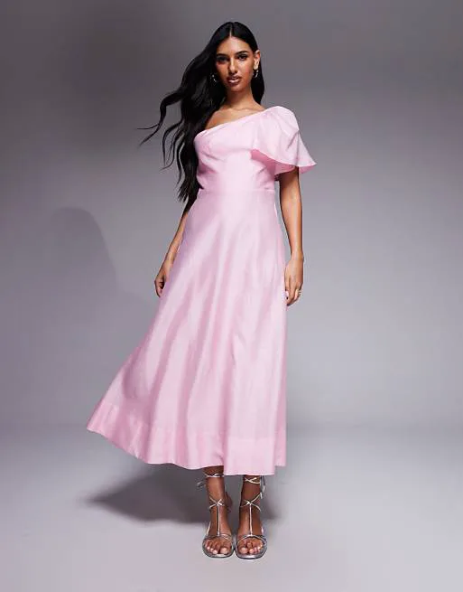 

Розовое льняное платье макси на одно плечо Forever New