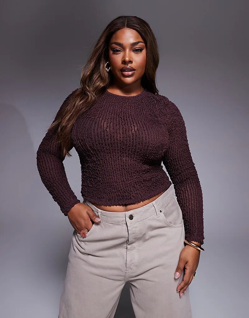 

Лонгслив ASOS DESIGN Curve с длинными рукавами и фактурной оборкой шоколадного цвета