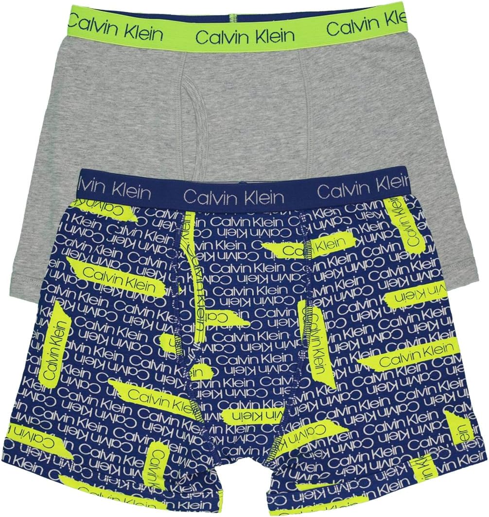 

Комплект из двух пар трусов-боксеров Calvin Klein для мальчиков | Премиальный хлопок, комфорт, Blue Statement Print, Heather Grey