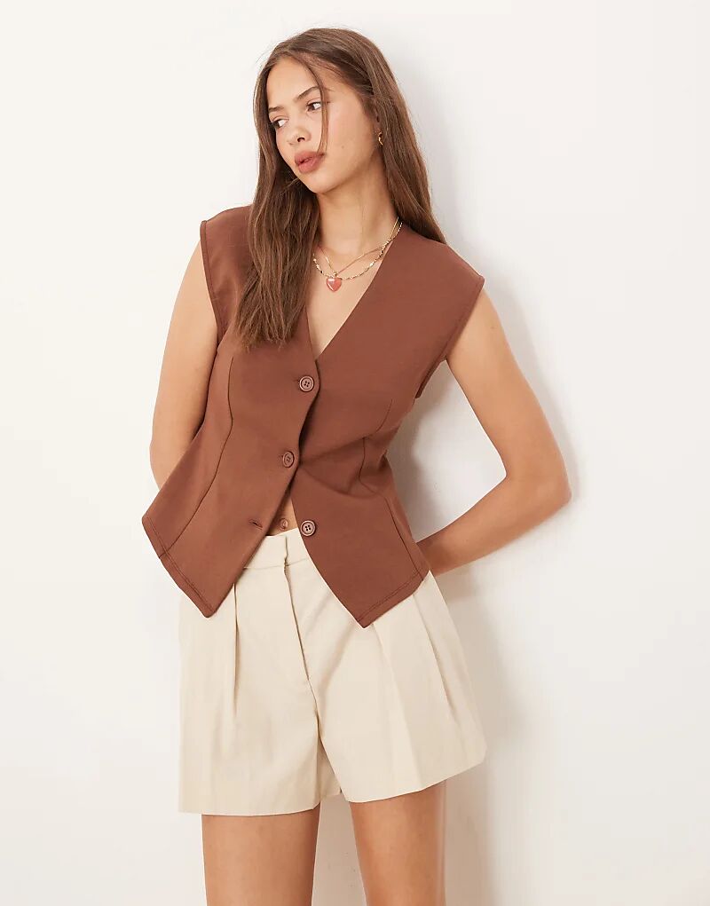 

Джемпер интерлок ASOS DESIGN с V-образным вырезом на пуговицах коричневого цвета