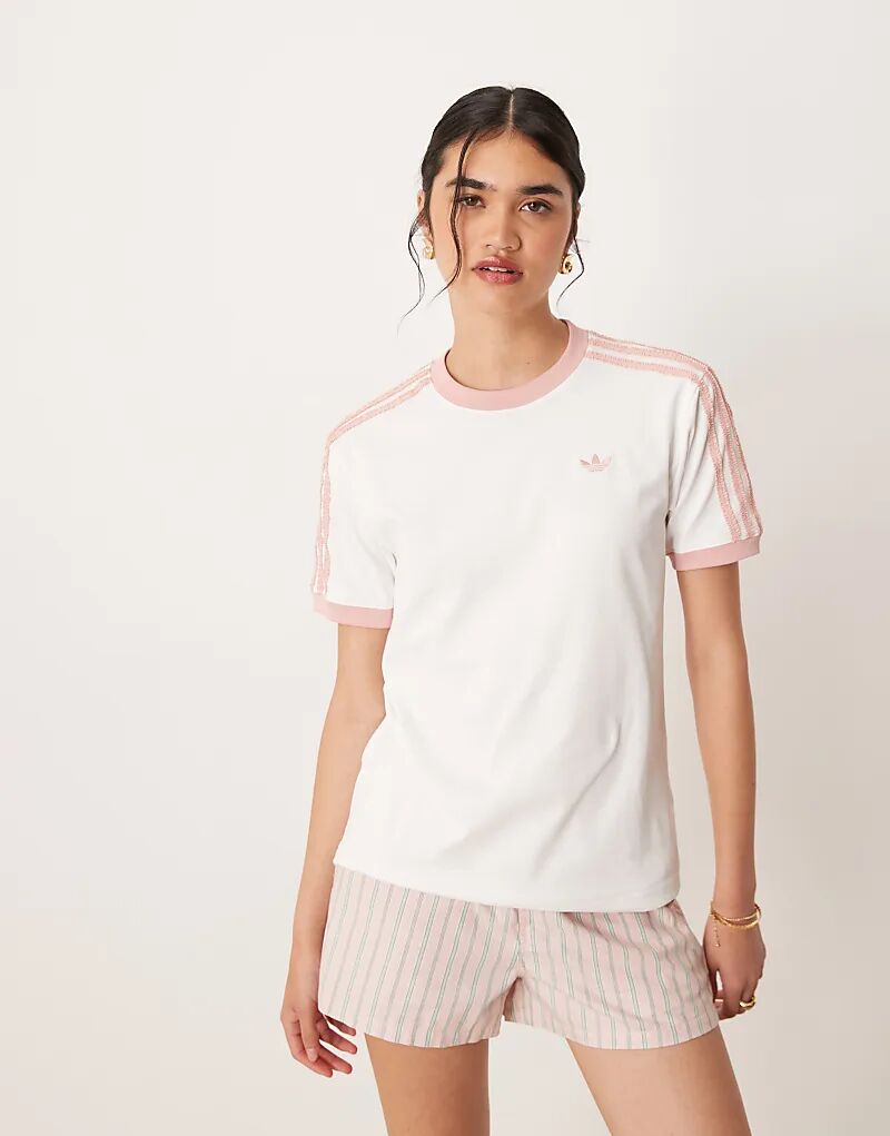

Футболка adidas Originals Ringer кремового цвета с рюшами и тремя полосками