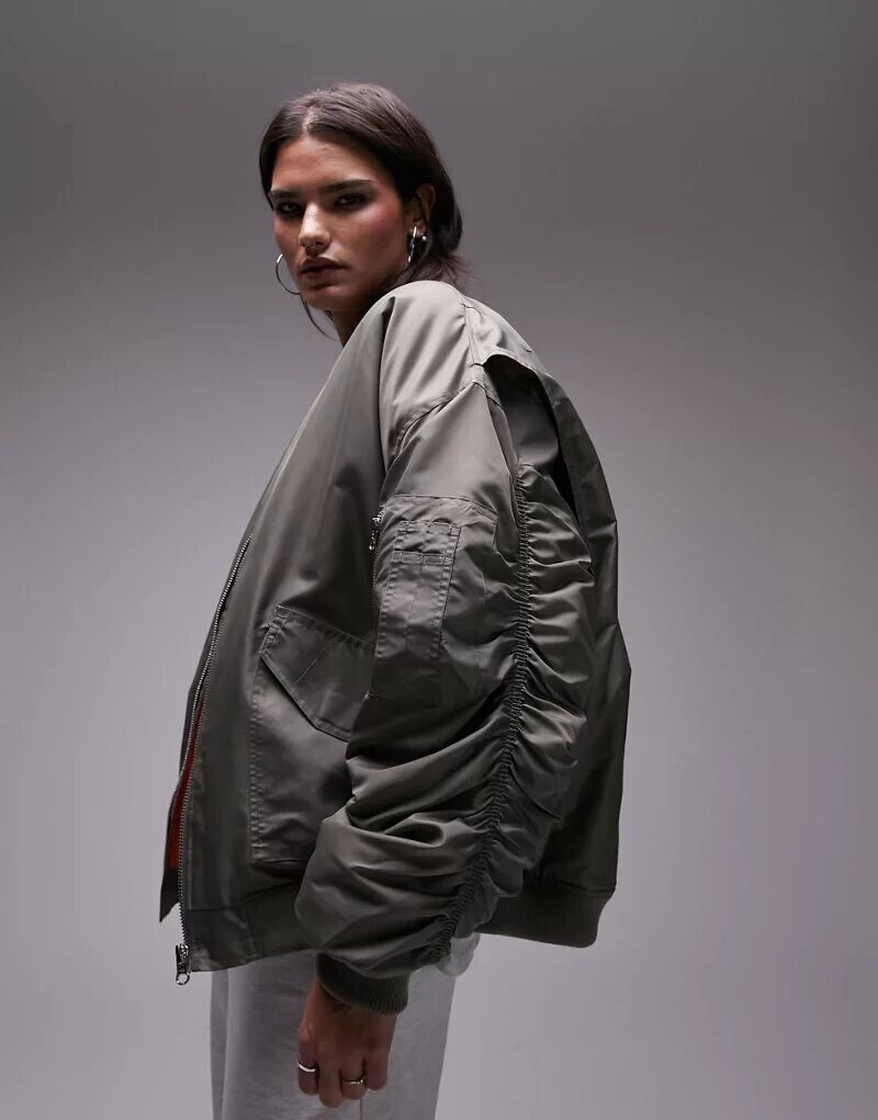 

Классический нейлоновый бомбер в стиле оверсайз Topshop цвета хаки, Серый, Классический нейлоновый бомбер в стиле оверсайз Topshop цвета хаки