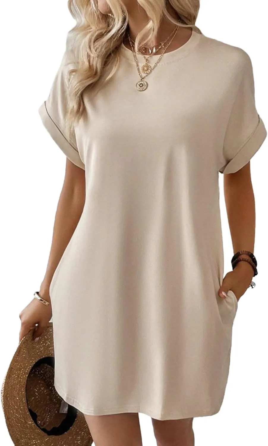 Женские повседневные платья-футболки с круглым вырезом, летние однотонные свободные короткие платья, свободные пляжные накидки, одежда с карманами Generic, бежевый