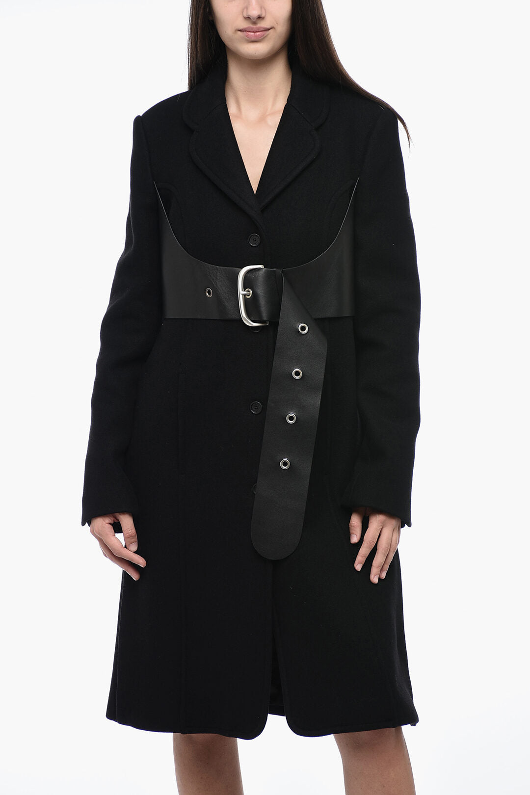 

Расклешенное пальто из смесовой шерсти цвета «Off-White» с кожаным поясом