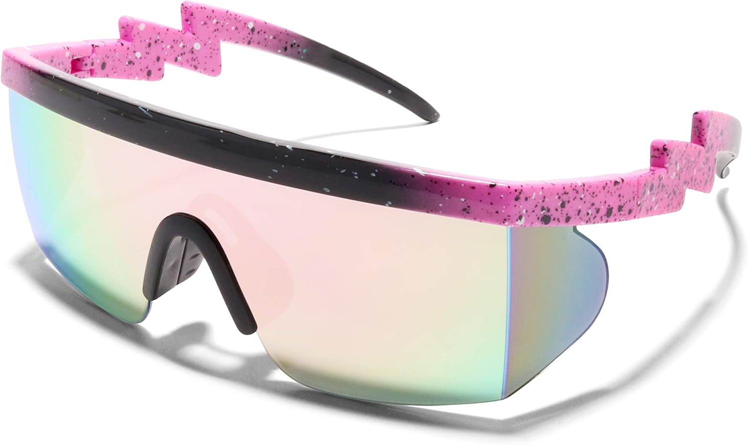 

Солнцезащитные очки ShadyVEU полуободковые, неоновые, радужные, с зеркальными линзами и защитой от УФ-излучения, в стиле ретро 80-х, с изогнутыми дужками в виде зигзага, Pink & Black Frame / Silver Lens