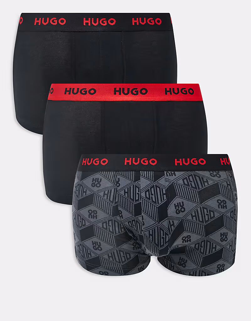 

HUGO RED, комплект из 3 трусов-боксеров с логотипом на поясе и логотипом по всей поверхности, черного цвета