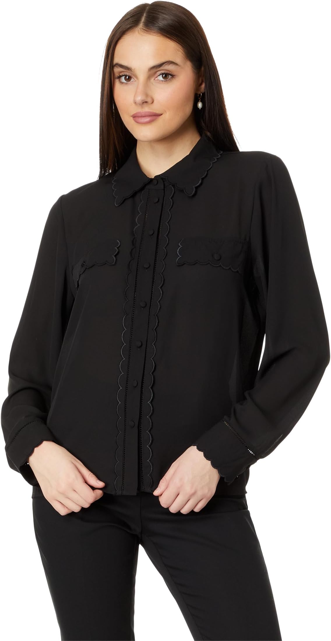 

Блуза CeCe Long Sleeve Scalloped Button-Down Blouse, цвет Rich Black