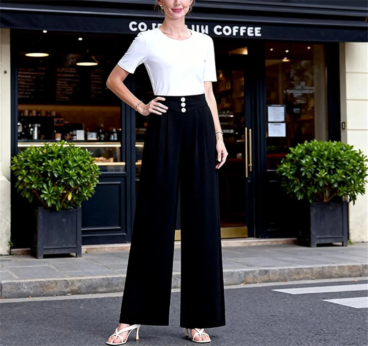 Брюки для женщин, Pull On Wide Leg Pants для старшего возраста 50+, мягкие струящиеся брюки на высокой талии Generic, черный — фото 4