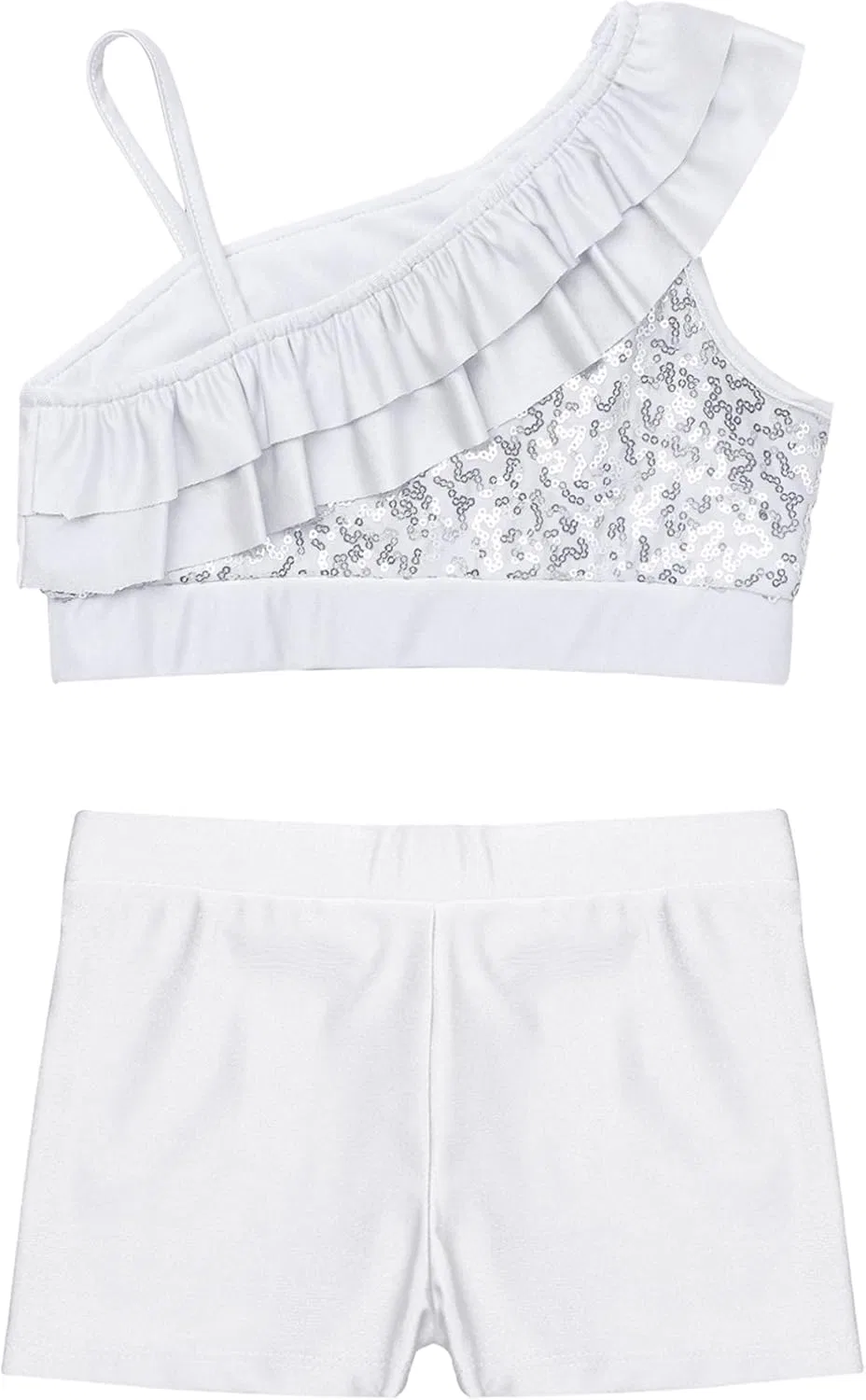 Детский спортивный костюм с пайетками YiZYiF из топа и шорт, White — фото 4